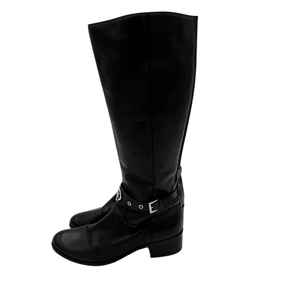 Michael Kors Black Leather Riding Boot Womens Size 10 Knee High Logo Harness Zip - Picture 1 of 9